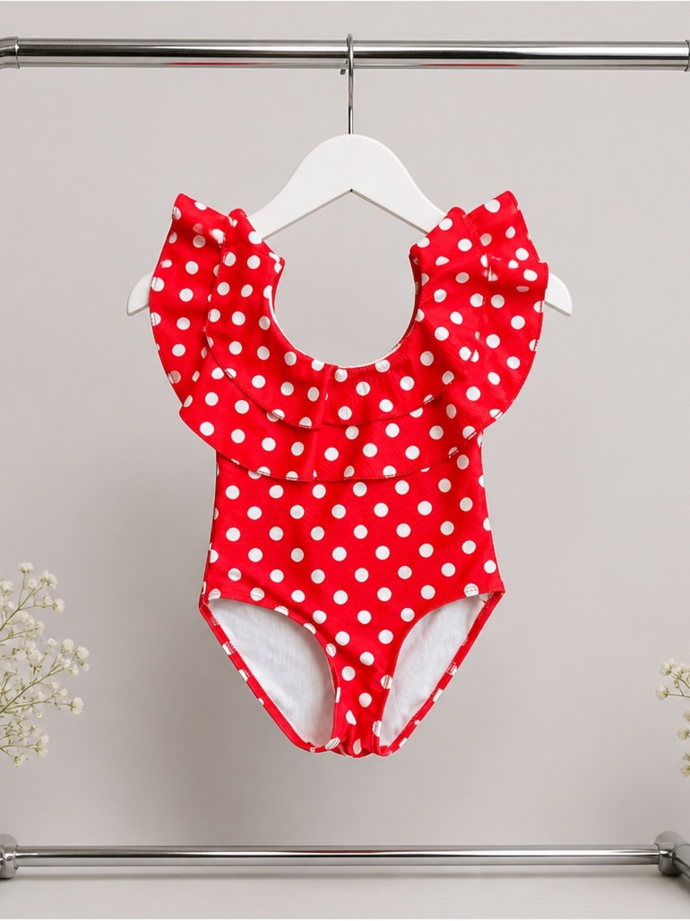 Red Polka Dot Ruffle One-Piece Swimsuit for Kids by